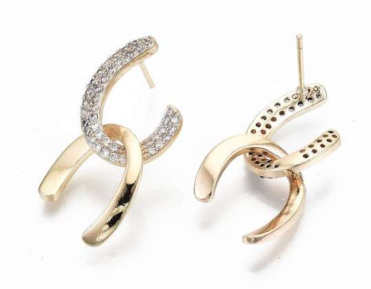 Pendientes de botón de circonita cúbica transparente Micro Pave de latón, sin níquel, chapados en oro real de 18 quilates, 30x15 mm