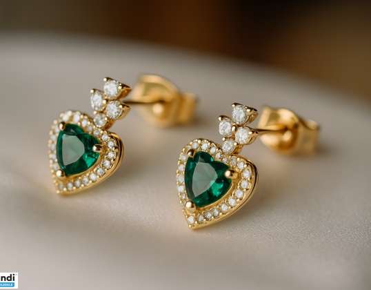 Širdies formos žali kubiniai cirkonio auskarai, žalvarinis mikro grindinys, tikras 18K paauksuotas, 14.5x9mm