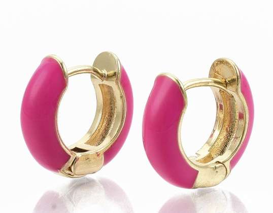 Medeninasti uhani Huggie Hoop, emajlirani detajli, mešane barve, pravo 18-karatno pozlačeno, 14x15x5mm
