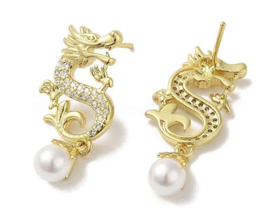 Rack Plating Medenina Micro Pave Clear Cubic Zirconia Dragon Stud uhani Drže stekleno biserno kroglo, pravo 18K pozlačeno, 30x13mm
