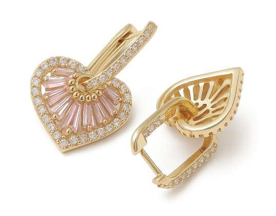Pendientes de aro de circonita cúbica en forma de corazón, rosa, latón bañado en oro real de 16 quilates, diseño colgante, 26 mm