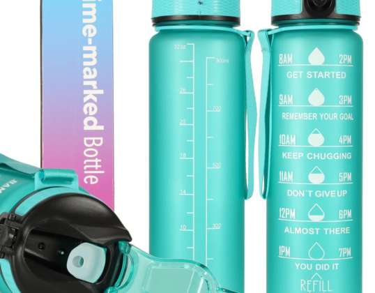 Borraccia, borraccia con cannuccia, manico e misurino, motivazionale per la palestra, 1l, verde
