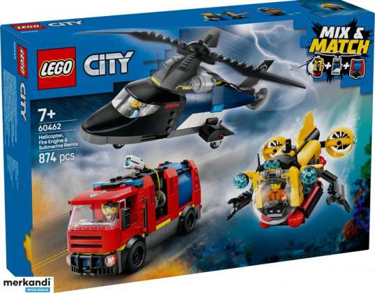 Set LEGO City 60462 cu elicopter, camion de pompieri și submersibil
