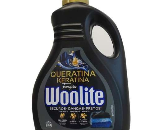 Woolite nestemäinen pesuaine 30 annosta 1,65 L. Tummat vaatteet ja farkut.