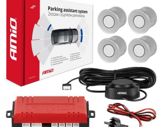 Conjunto de sensores de aparcamiento de reversa con buzzer 4 sensores plateados amio 01021