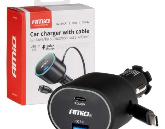 Schnelles Autoladegerät mit einziehbarem Kabel 85W PD30W PD20W QC3.0 USB A USB C Amio 04176