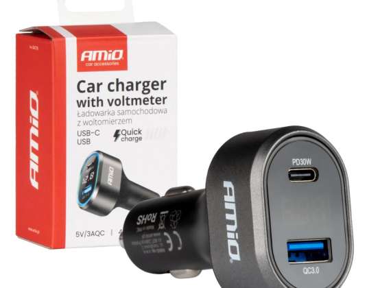 Fast Car Charger with Voltmeter 48w pd30w qc3.0 usb a usb c amio 04178