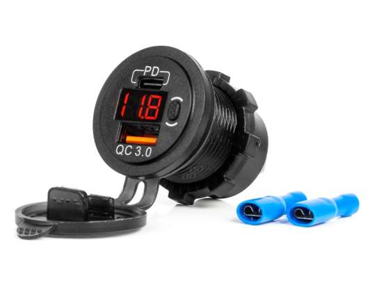 Carregador de carro com tomadas USB e testador de tensão à prova d'água com interruptor usb c QC3.0 12/24V amio 04222