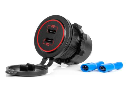 Car charger with usb sockets waterproof 2x usb c 12v 24v amio 04223