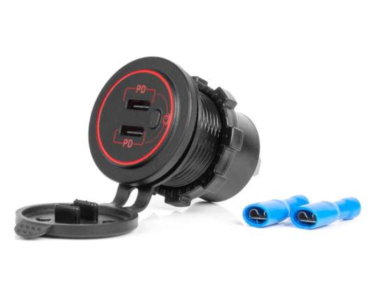Carregador de carro com tomadas usb impermeável com interruptor 2x usb c 12v 24v amio 04224