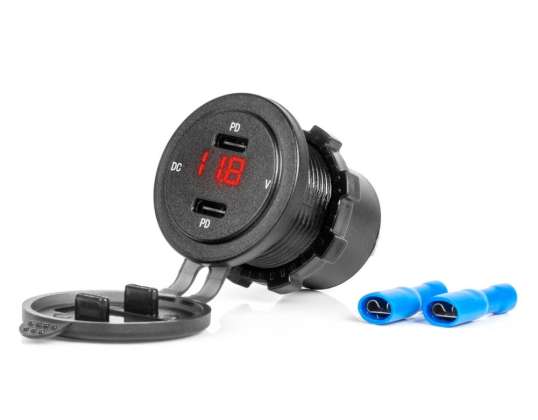 Car charger with usb sockets and voltage tester waterproof 2x usb c 12v 24v amio 04225