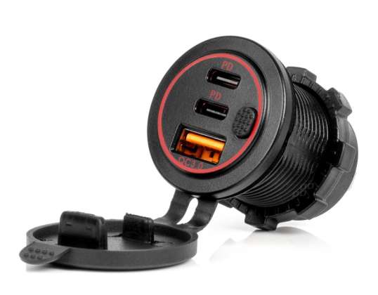 Carregador de carro com tomadas usb impermeável com interruptor usb 2x usb c qc3.0 12v 24v amio 04227