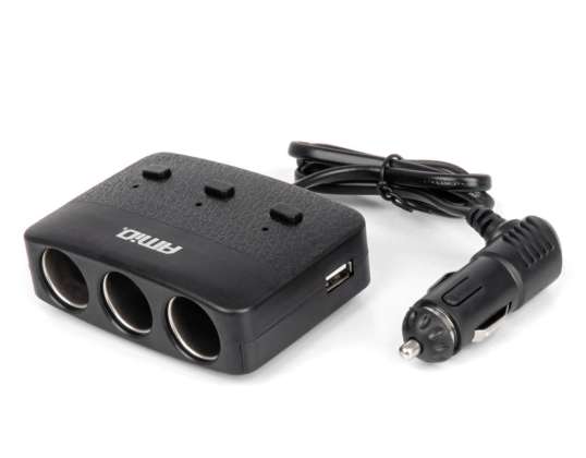 Tupakansytyttimen pistorasian jakaja laturilla 2x usb a on/off led 12v 24v 100w 70cm amio 04363