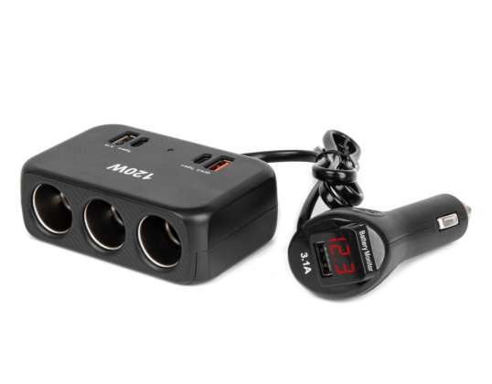 Tupakansytyttimen pistorasian jakaja laturilla 2x usb a 1x usb c qc4.0 12v 24v 120w 80cm amio 04366