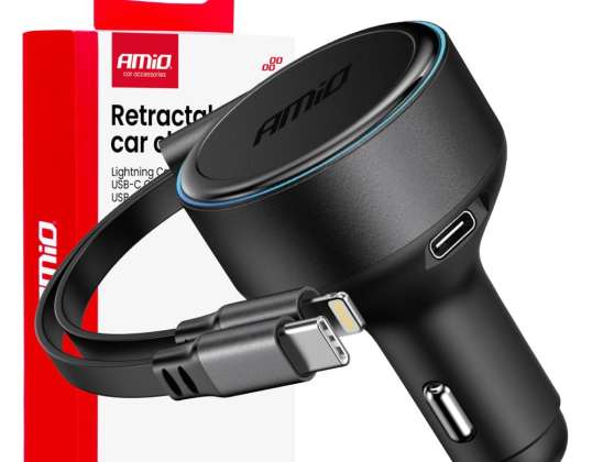 Autolaturi sisäänvedettävällä kaapelilla tyyppi C Lightning iPhone USB C 12v 24v 60w amio 04370