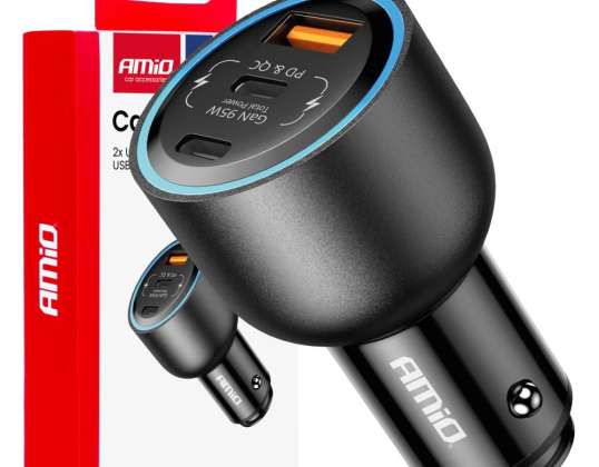 Autolaturi 2x usb c usb a 12v 24v 95w amio 04372
