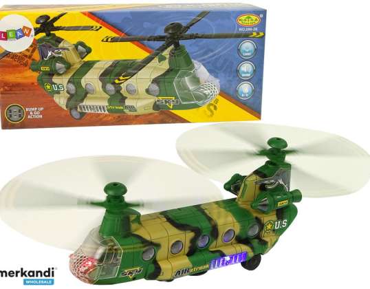 Helicóptero militar con alas enormes, luces, sonido y camuflaje.