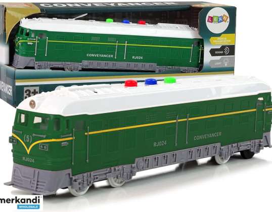 Tren 1:32 con tracción por fricción, funciona con pilas, sonido, luz verde