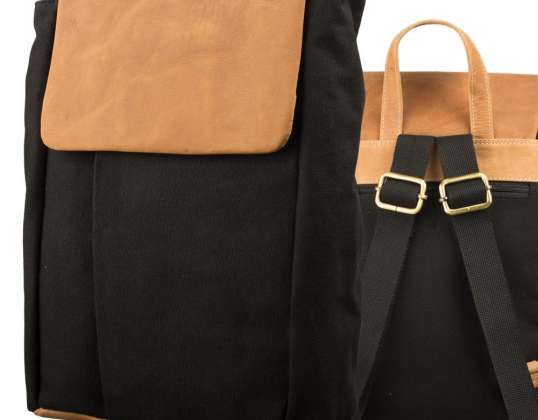 Rucksack schmal – Canvas mit Büffel Hunter Leder - schwarz/lighttan