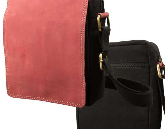 Crossbody Überschlag Tasche – Canvas mit Büffel Hunter Leder - schwarz/rot