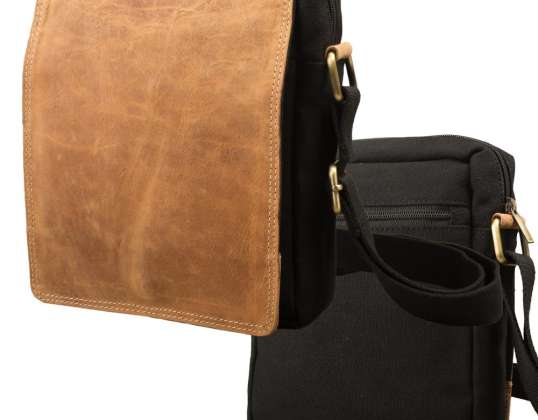 Crossbody Überschlag Tasche – Canvas mit Büffel Hunter Leder - schwarz/lighttan
