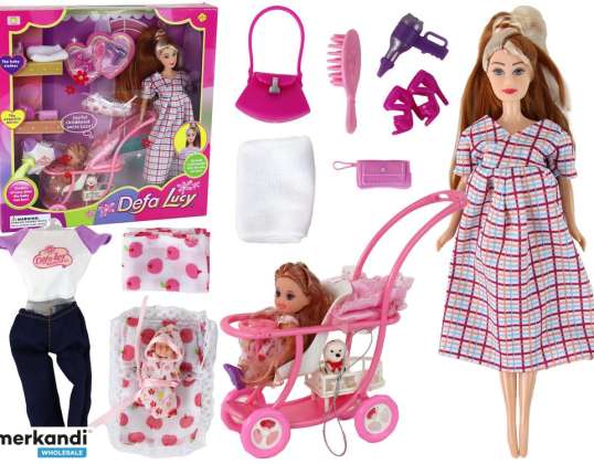 Set Lucy Schwangere Puppe Säugling Kinderwagen Lange Braune Haare