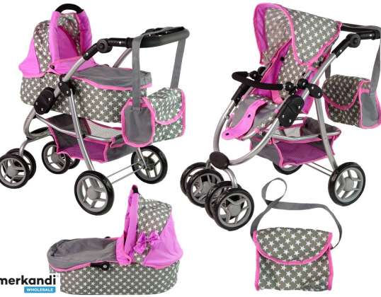 Doll's Kinderwagen Kinderwagen 2 in 1 Reiswieg Tas Roze Sterren