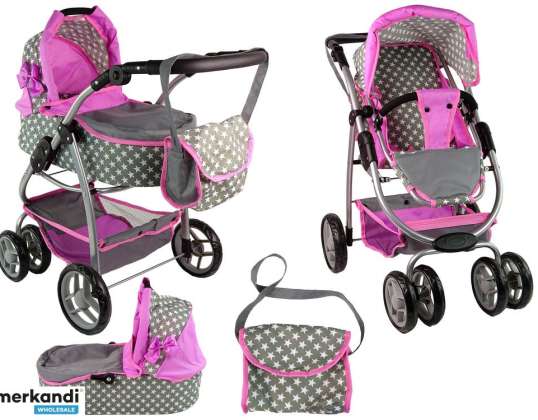 Doll's Kinderwagen Kinderwagen 2 in 1 Reiswieg Tas Roze Sterren