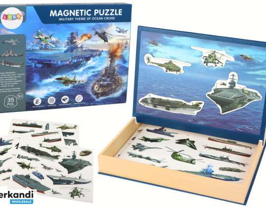 Una serie di puzzle magnetici educativi con il motivo di una nave militare