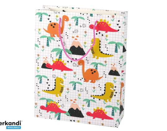 Karierte Geschenktüte Bunte Dinosaurier 32 cm x 26 cm x 10 cm