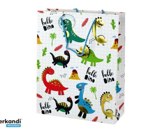 Sac cadeau en papier Dinosaures à carreaux blancs 32 cm x 26 cm x 10 cm