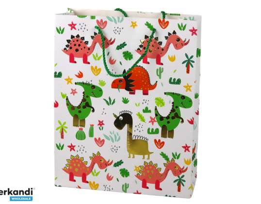 Bolsa de regalo de papel con dinosaurios y palmeras de colores, 32 x 26 x 10 cm.