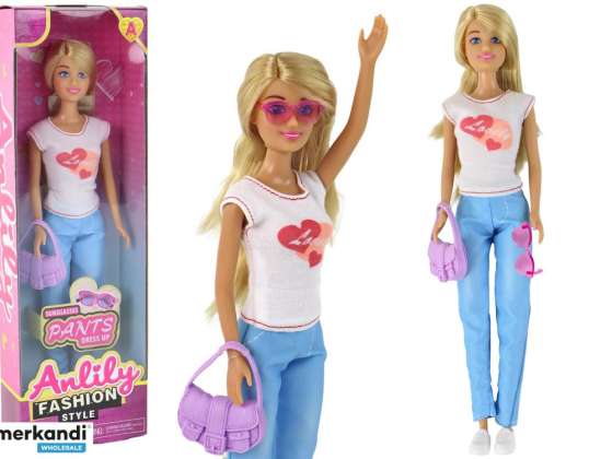 Baby Doll Anlily lange blonde Haare Handtasche Brille weiße Bluse