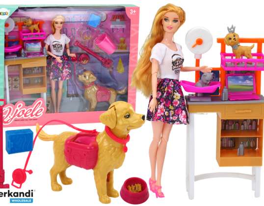 Set Puppe mit Hunden Katzenfutter Tierarzt Zubehör
