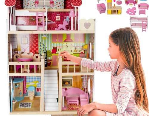Dřevěný domek pro panenky - vila s bazénem D11251