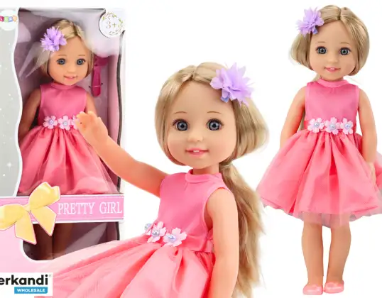 Muñeca pelo largo vestido rosa pin y cepillo 38 cm