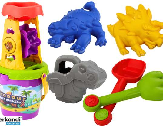 Conjunto de Areia Dinossauro Moinho Funil Pá Rake Regador Forminhas