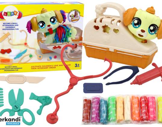 Kreativ sett med playdough hund i veterinær transporter