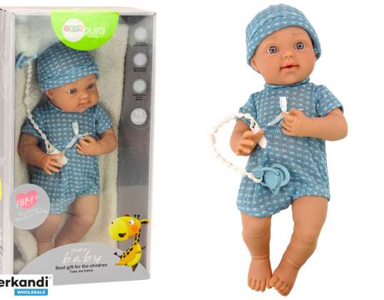 Puppe Baby in Blauem Outfit Mütze Schnuller Decke