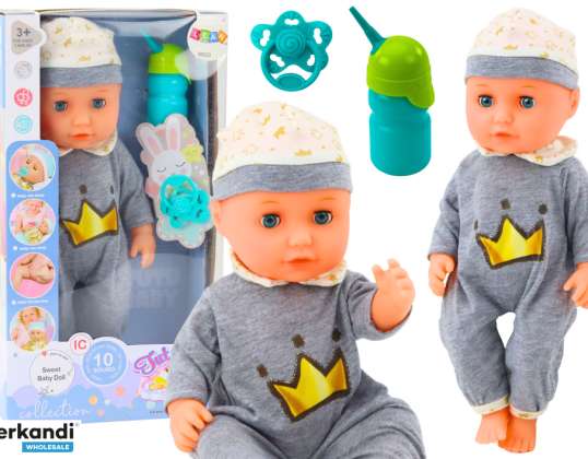 Dukke Baby I Grå Pyjamas Pissende Flaske Smokk Lyder