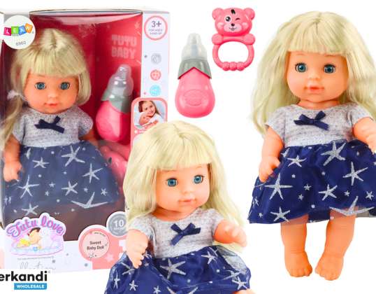 Doll In Navy Blue Dress Peeing Bottle Rattle Sounds