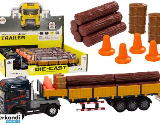 Blauwe Vrachtwagen Met Hout TIR Aanhangwagen 1:24 Houten Stam Geluiden Lichten