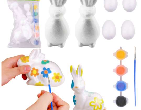 Kit de Pintura para Decorações de Estireno 2 Coelhos 4 Ovos Tintas