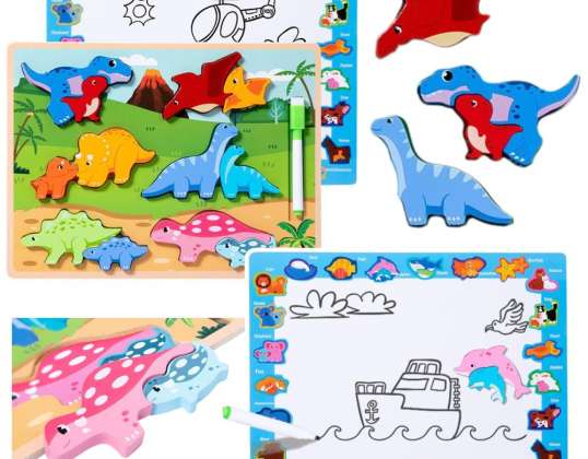 Puzzle Board 2in1 Holz Pädagogischer Dinosaurier Stift 12el