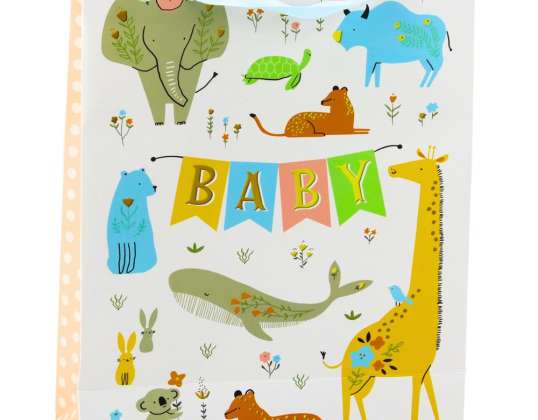 Geschenktüte Aufschrift Baby Tiere 32 x 26 x 10cm
