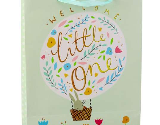 Bolsa de regalo para nacimientos: Conejo Flores Verde 32 x 26 x 12 cm