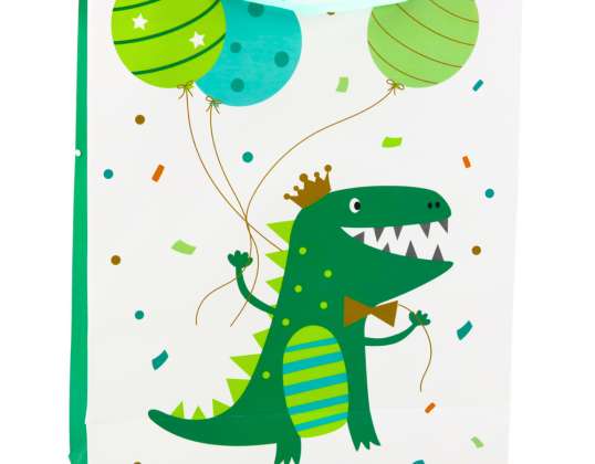 Geantă cadou dinozaur cu baloane alb și verde 32 x 26 x 10cm