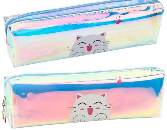 Estuche Holográfico Escolar Infantil con Gato Azul 21x6cm