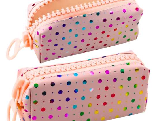 Mokyklinio pieštuko dėklo organizatorius su spalvingais taškais Didelis užtrauktukas rožinis 21x8cm