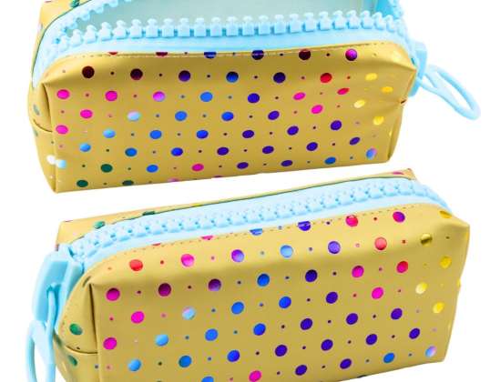 School Pencil Case Organizer with Colorful Dots Large Zipper Gold 21x8cm